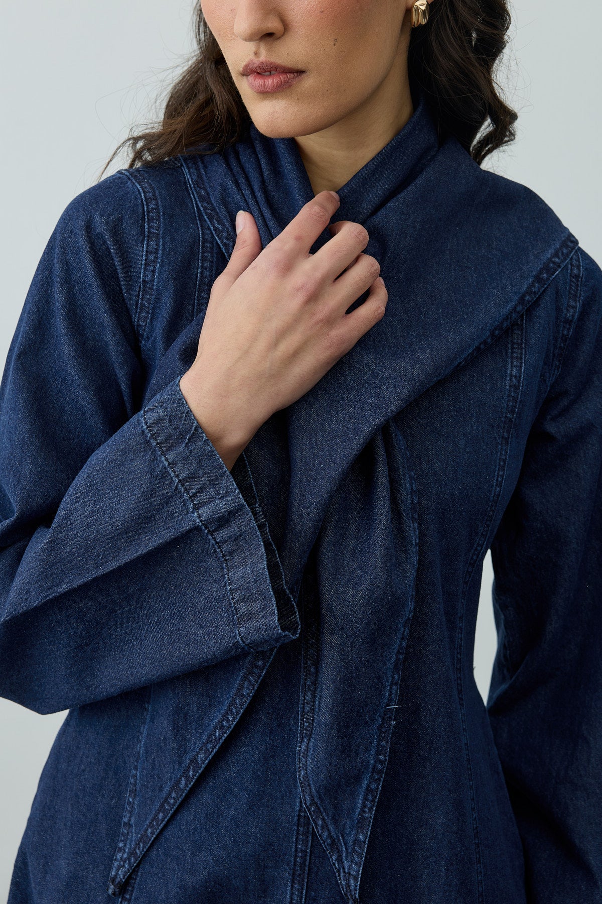 Scarf Detailed Denim Dress Navy Blue