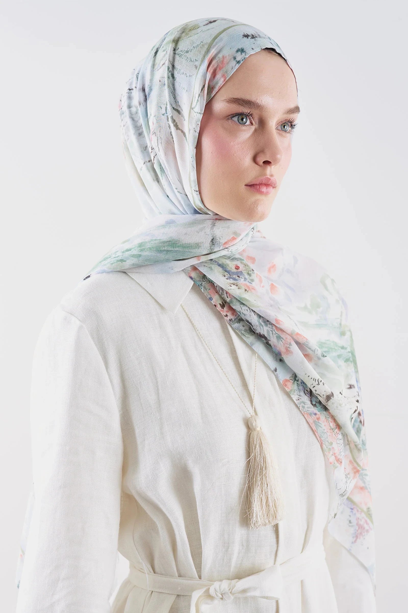 Floral Symphony Ramie Viscose Shawl Blue