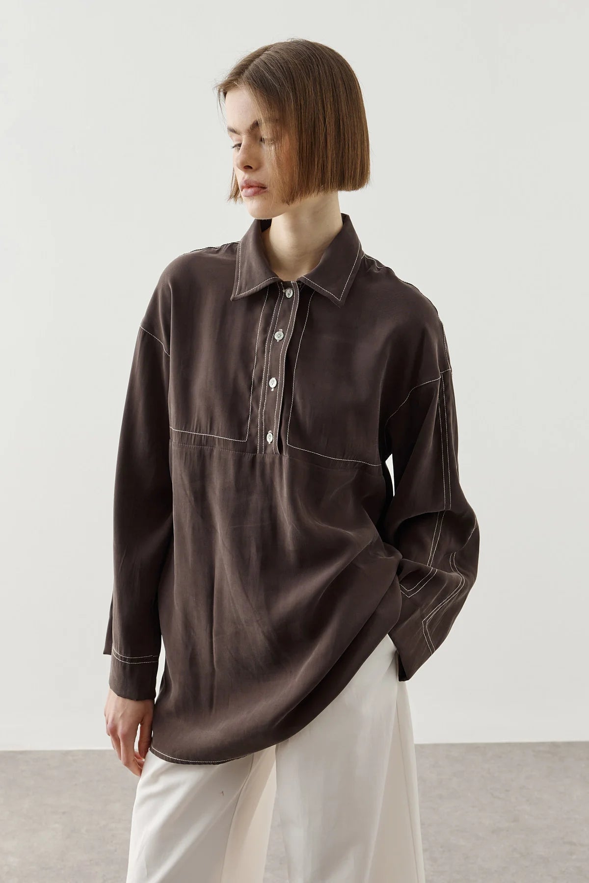 Contrast-Stitch Tencel Shirt Brown
