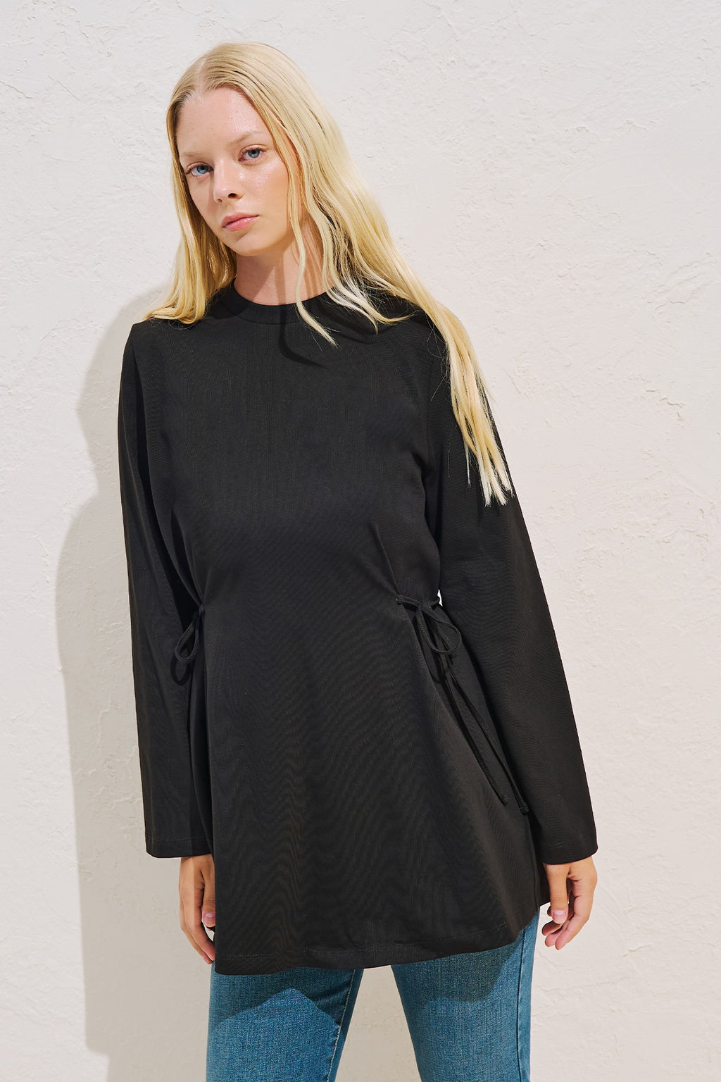Waist Tie Long Sleeve T-shirt Black