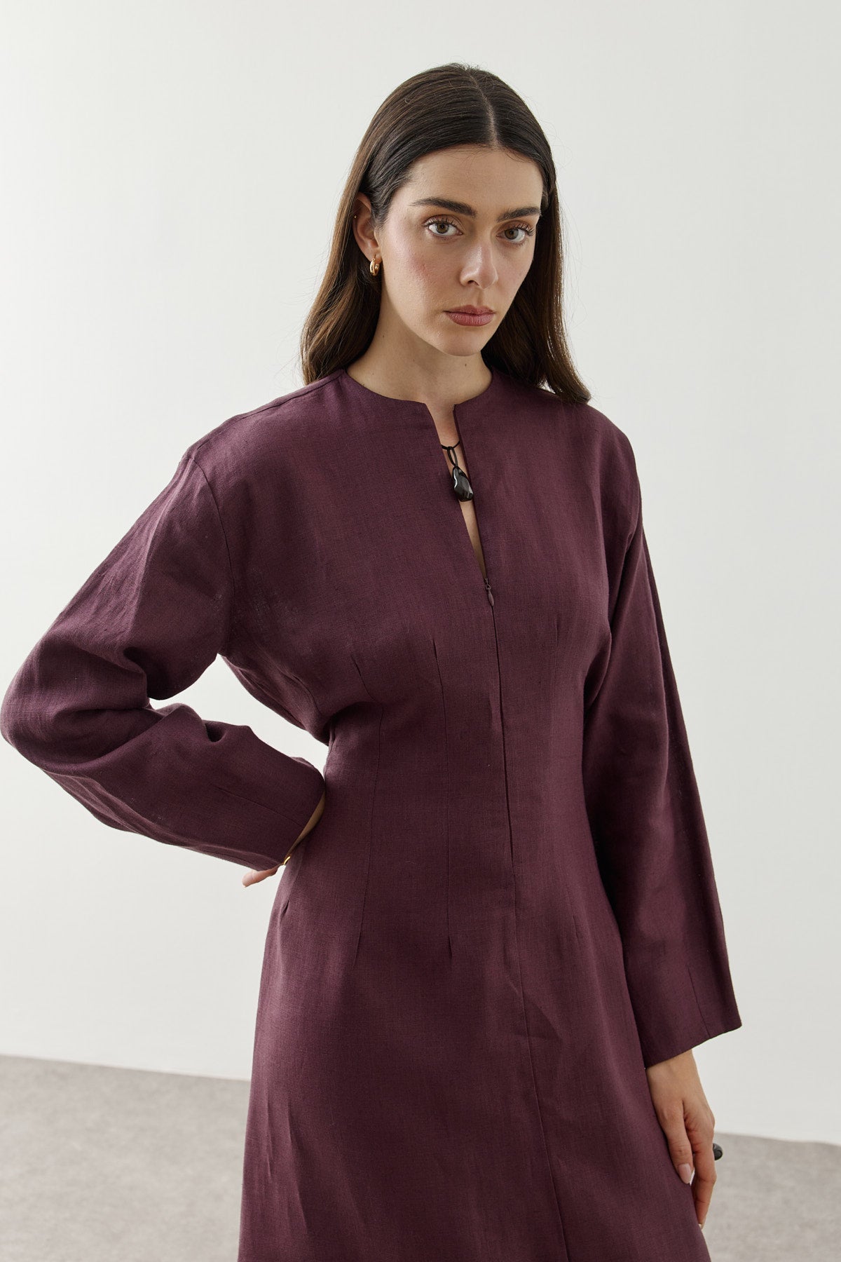 Linen Darted Zip-Up Dress Plum