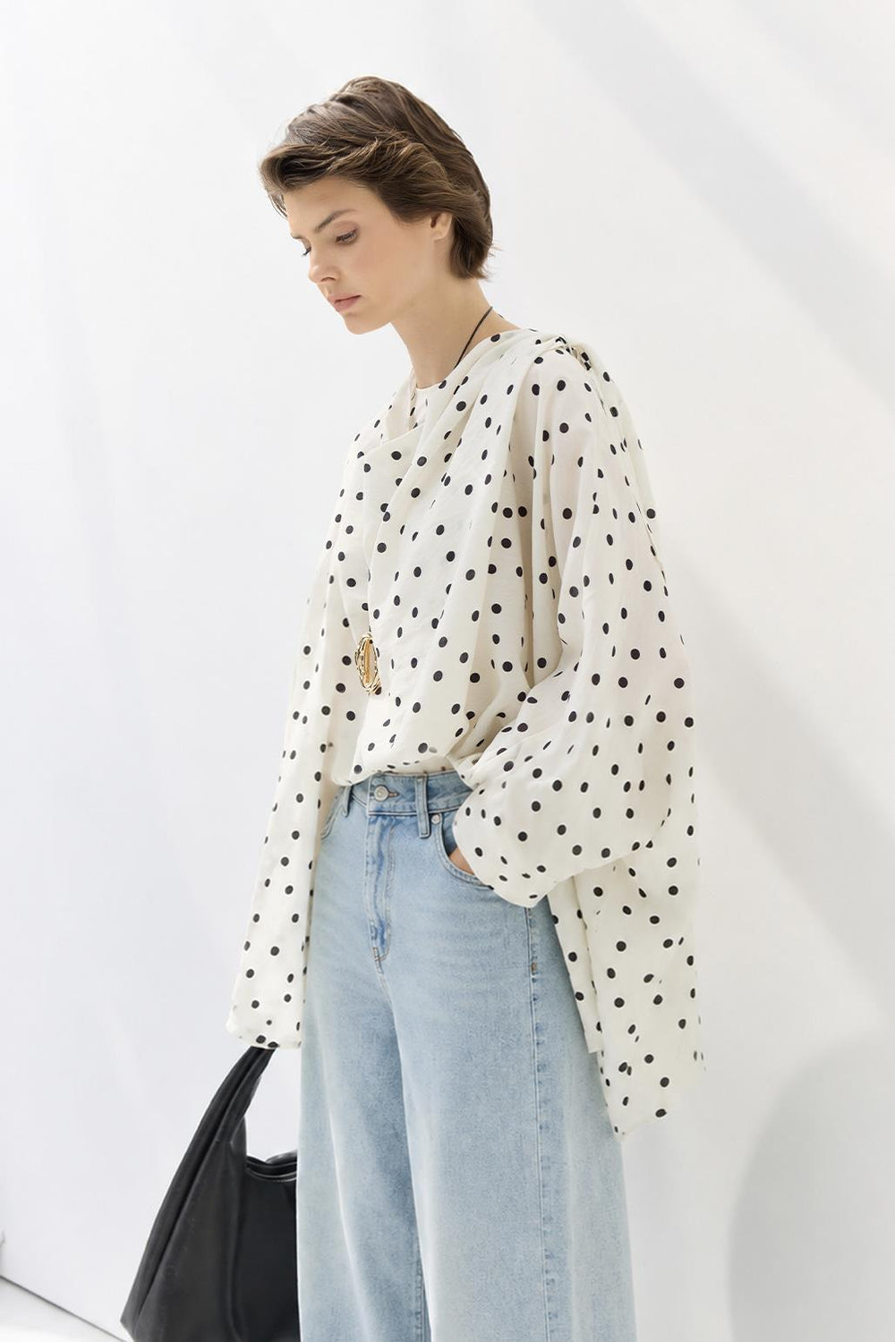 Shawl Collar Polka Dot Patterned Tunic White