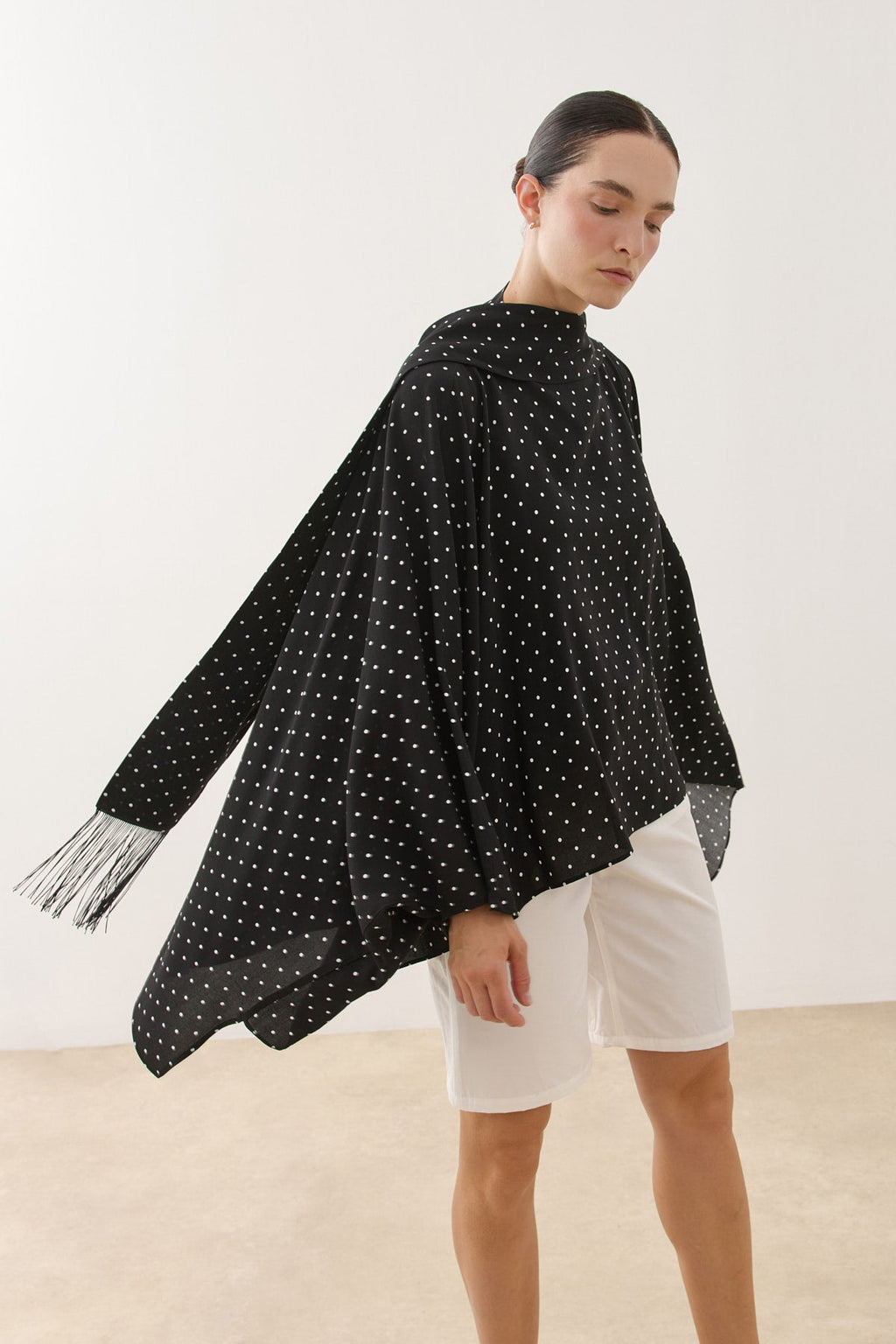 Polka Dot Poncho Blouse with Tassel Scarf Detail Black