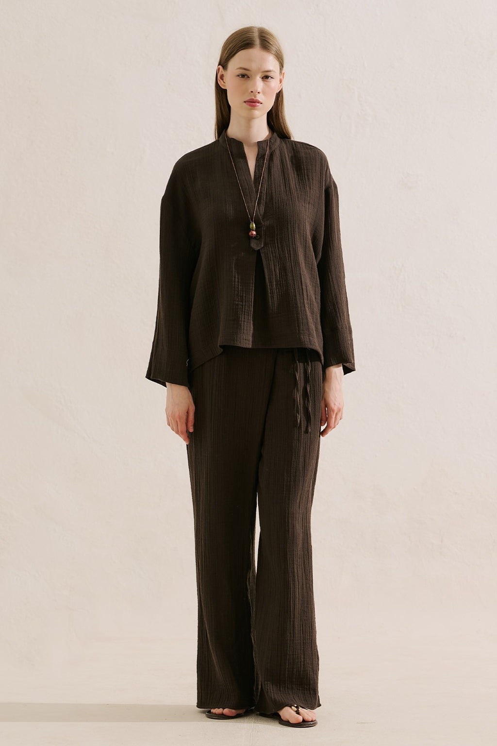 Muslin Wide-Sleeve Blouse Brown