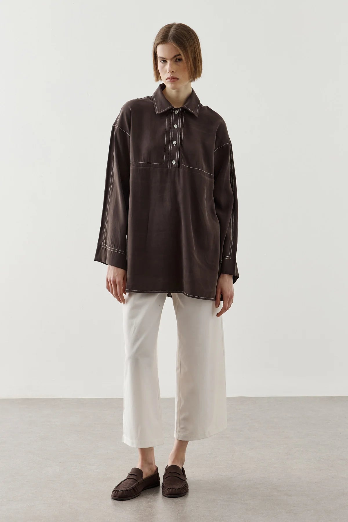 Contrast-Stitch Tencel Shirt Brown