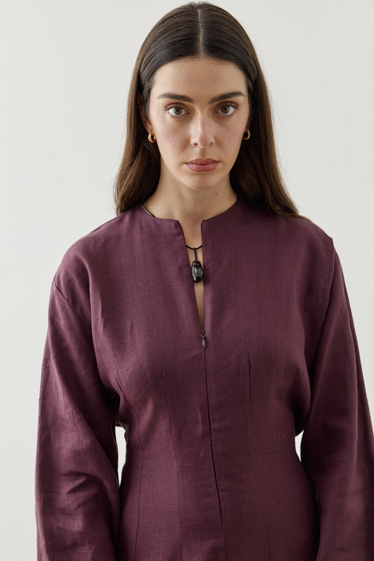 Linen Darted Zip-Up Dress Plum