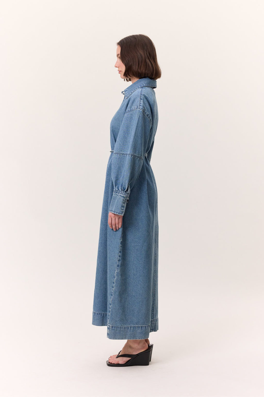 Cuff-Detail Denim Dress Light Blue