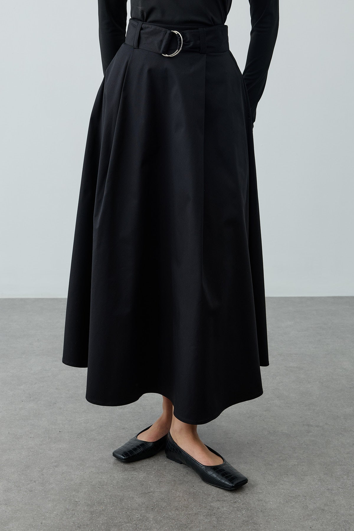 Belted Gabardine Skirt Black