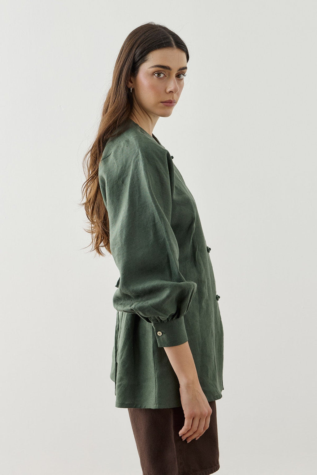 Linen Japandi Button-Up Shirt Jacket Dark Green