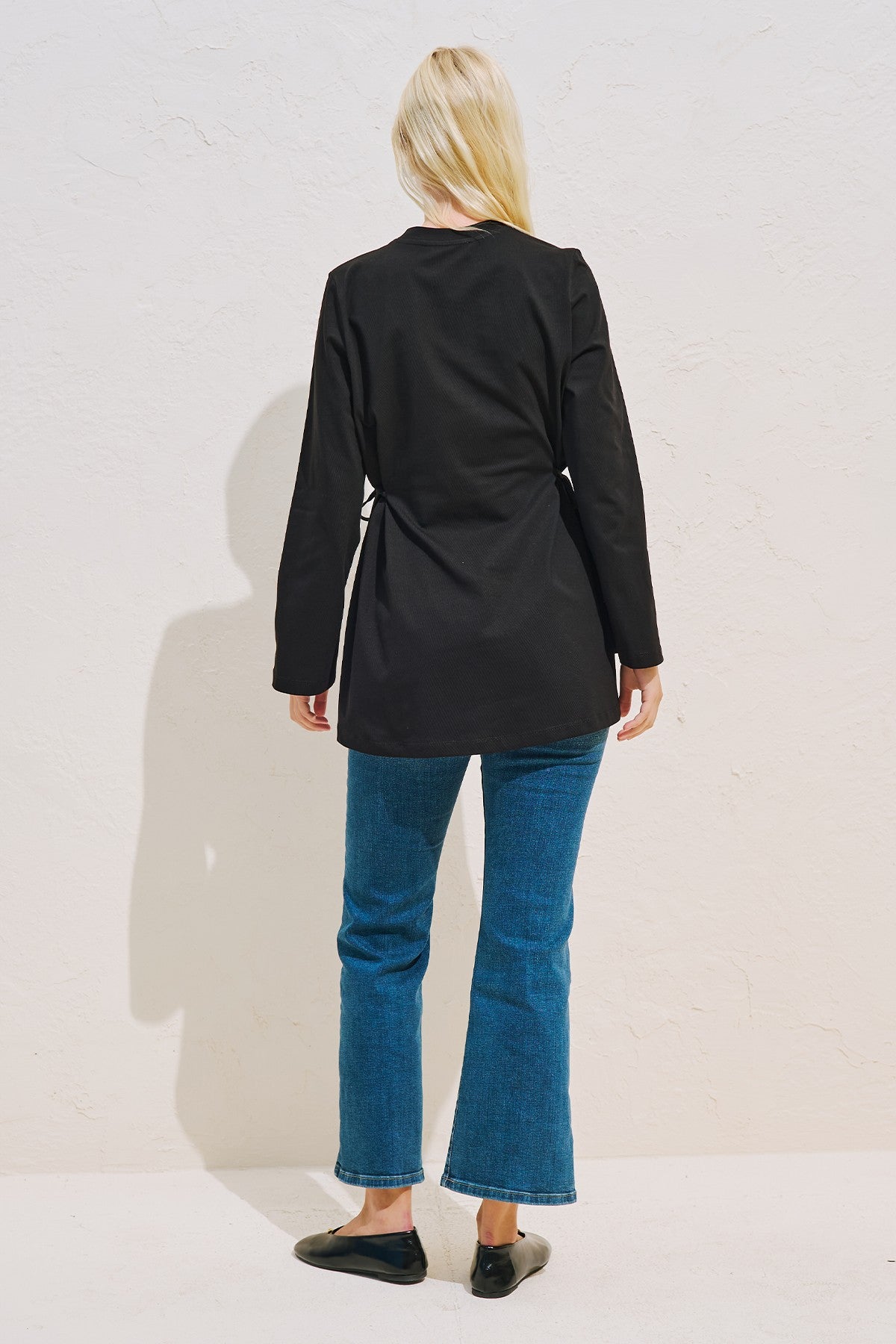 Waist Tie Long Sleeve T-shirt Black