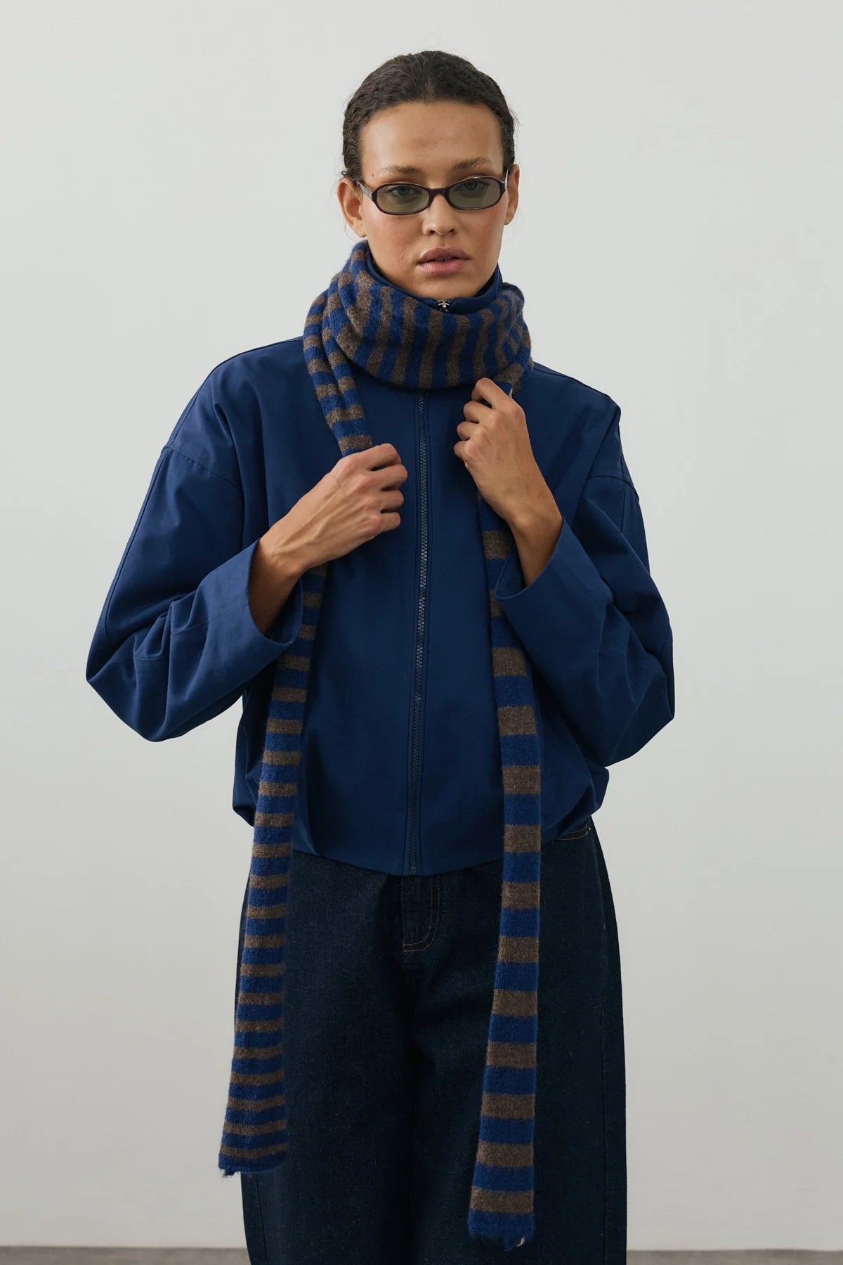 Striped Slim Scarf Royal Blue And Brownish Gray
