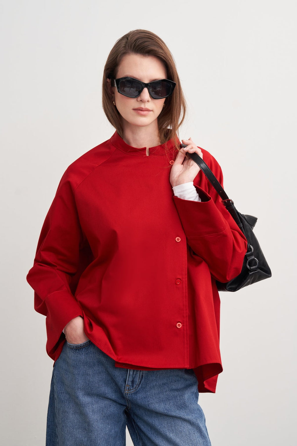 Gabardine Stand-Collar Trench Shirt Red