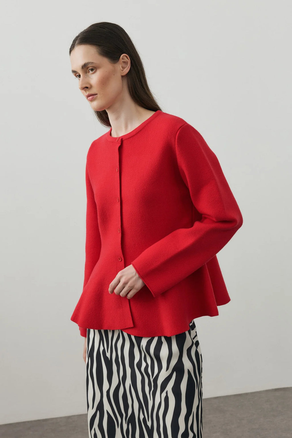Wavy-Hem Knit Jacket Red