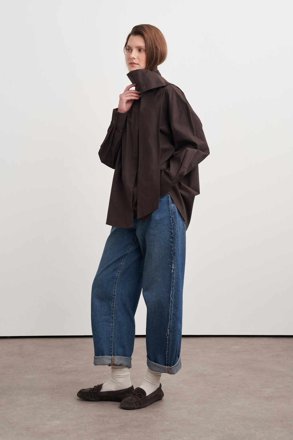 High-Neck Tie-Detail Poplin Shirt Brown