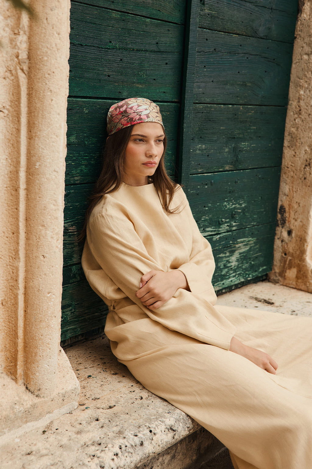 Linen Darted Zip-Up Dress Yellow