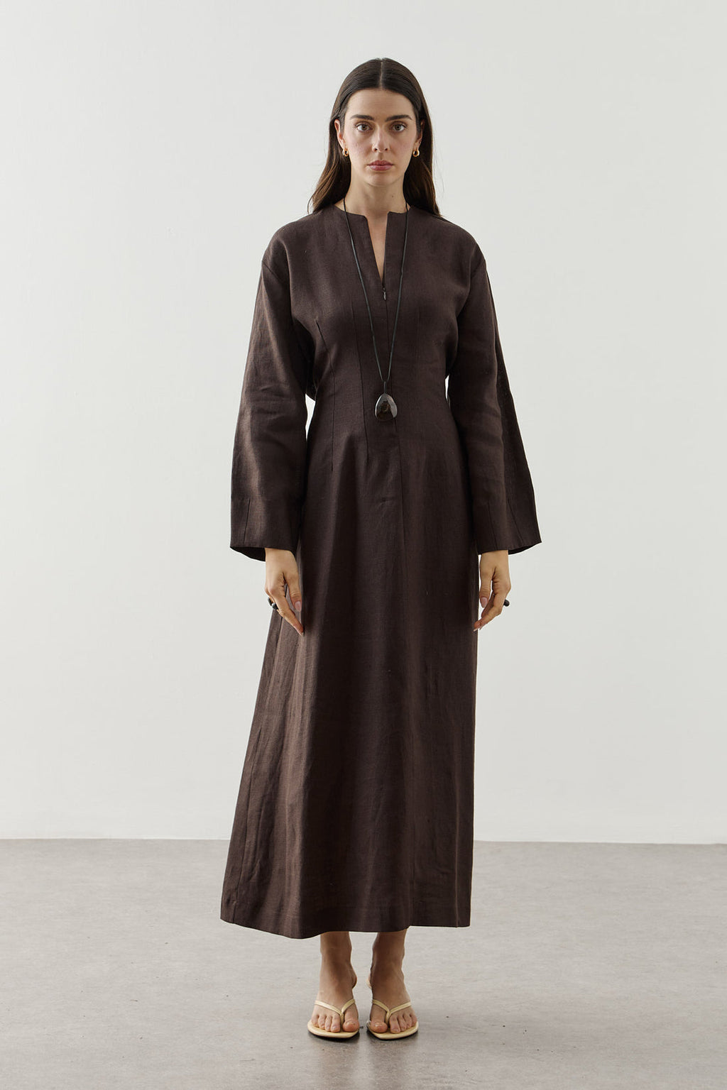Linen Darted Zip-Up Dress Brown