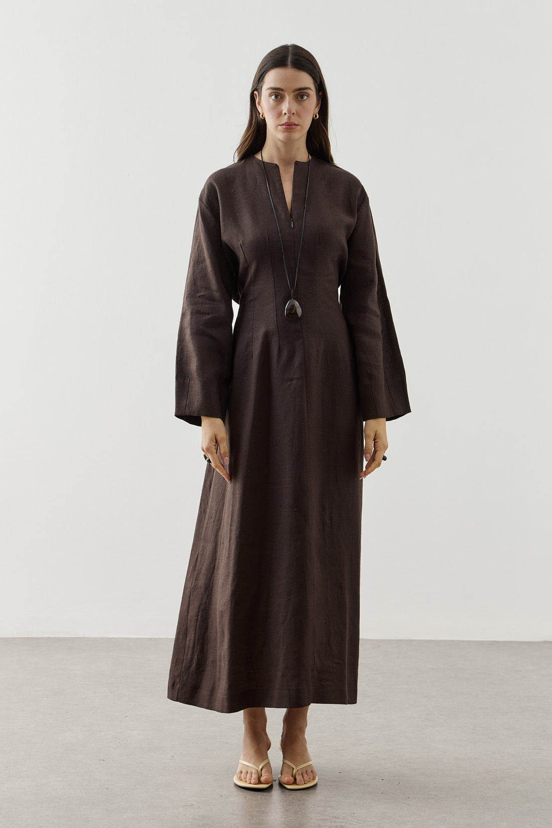 Linen Darted Zip-Up Dress Brown