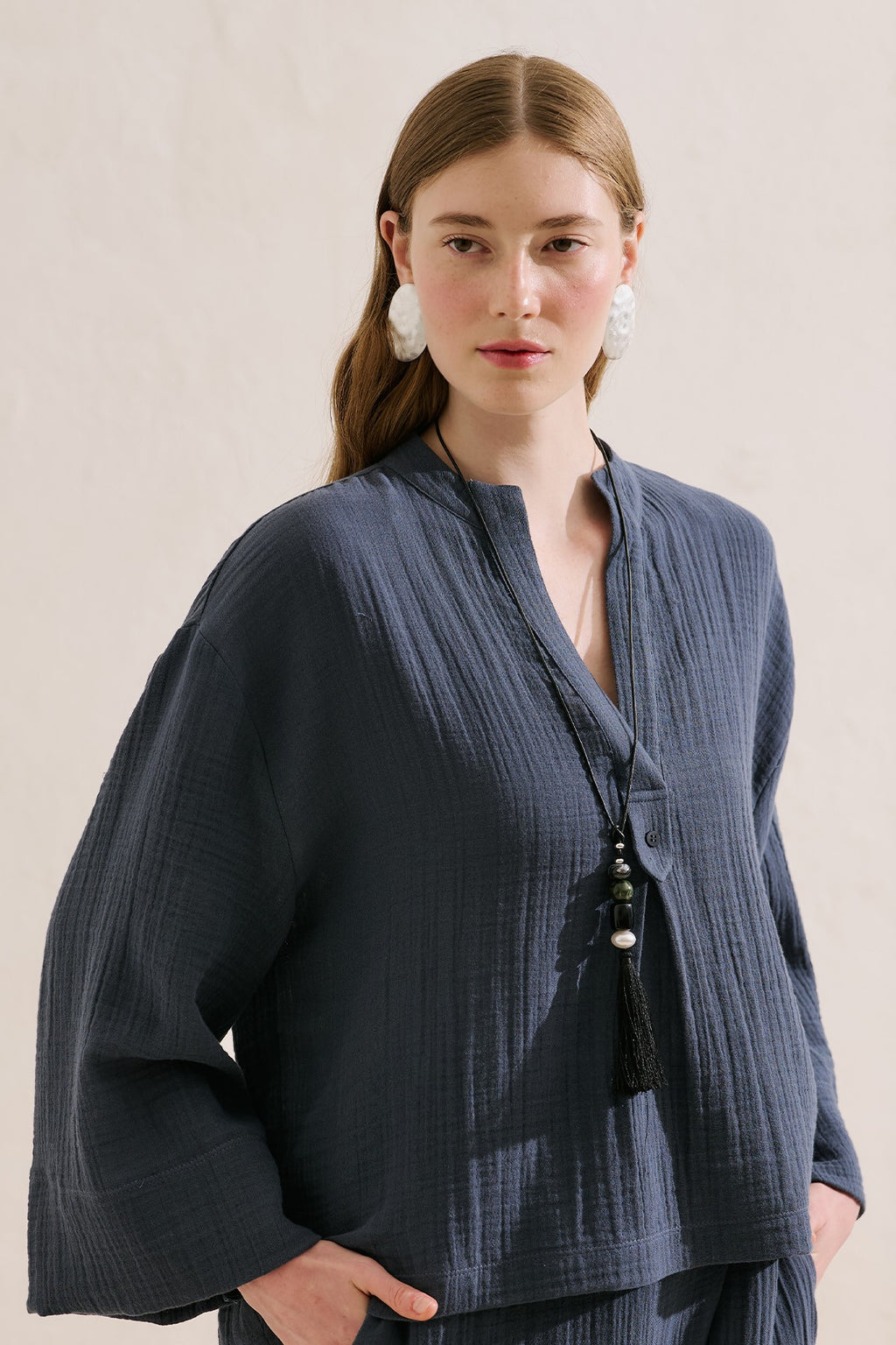 Muslin Wide-Sleeve Blouse Indigo
