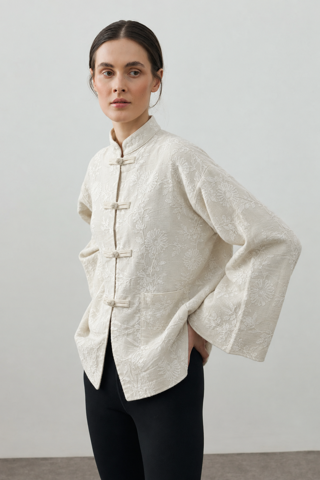 Embroidered Floral Linen Kimono Jacket