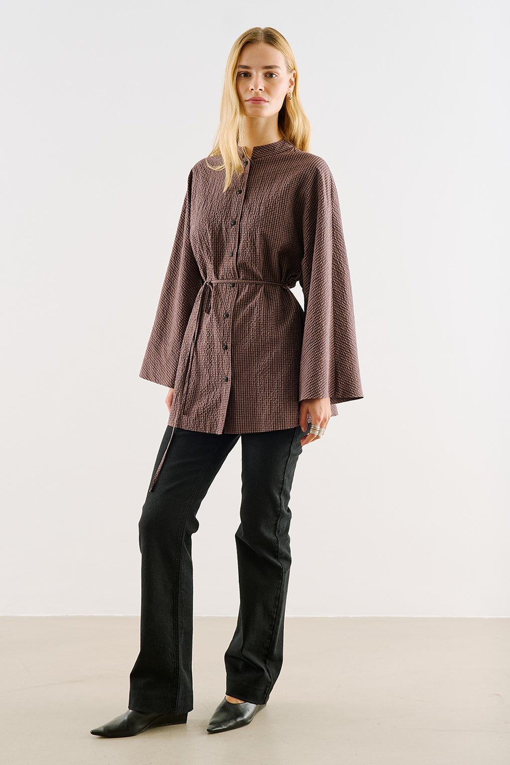 Wide-Sleeve Belted Tunic Brown