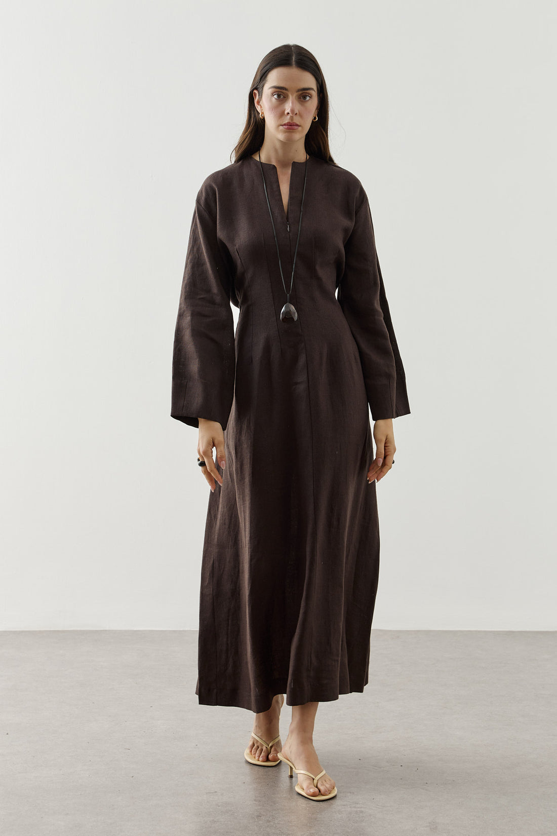Linen Darted Zip-Up Dress Brown