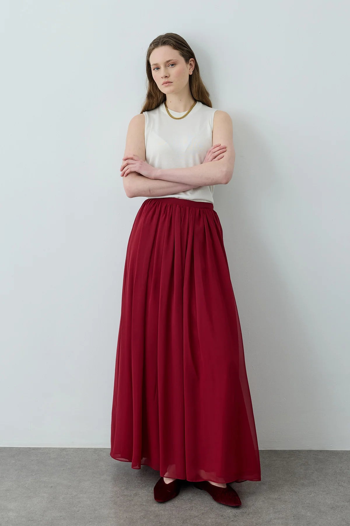 Gathered Draped Maxi Skirt Red
