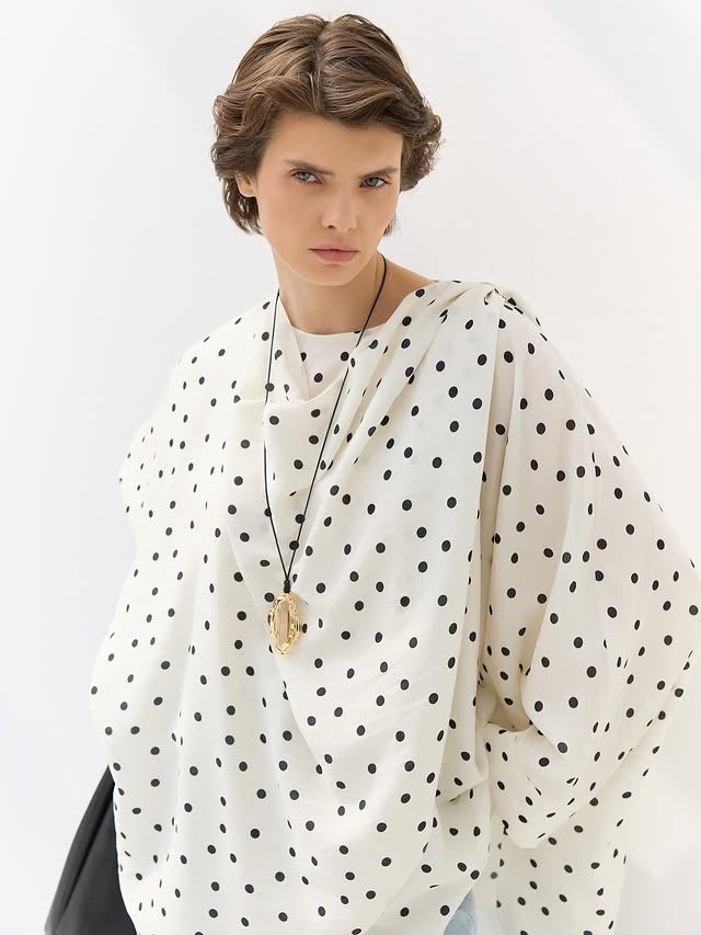 Shawl Collar Polka Dot Patterned Tunic White