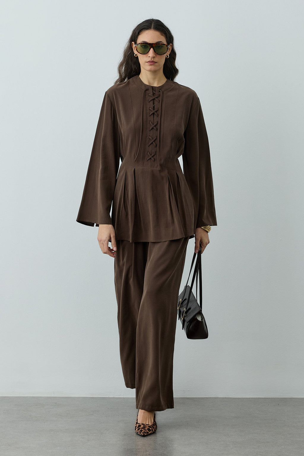 Lace-Up Detail Top Brown