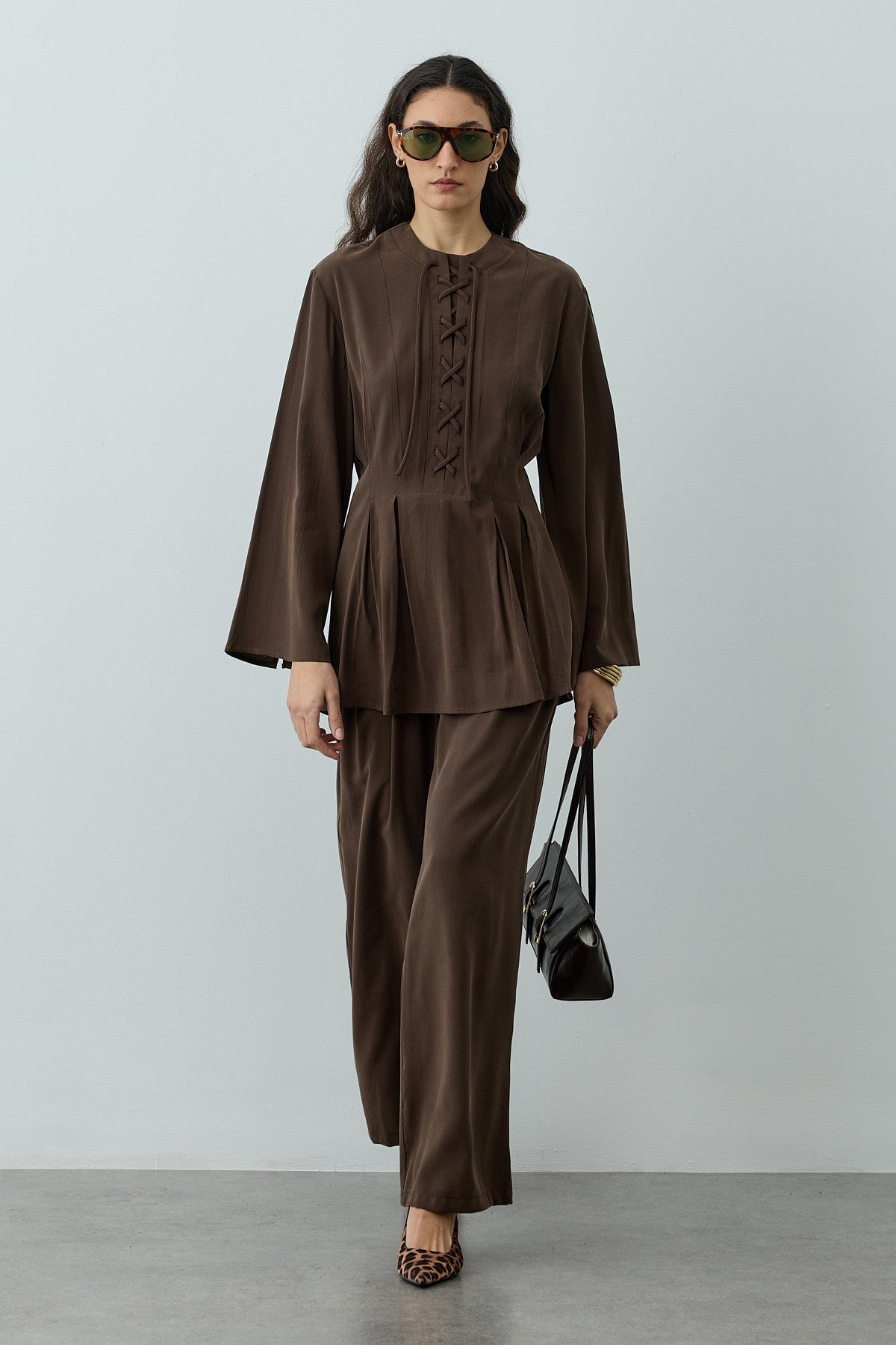 Lace-Up Detail Top Brown