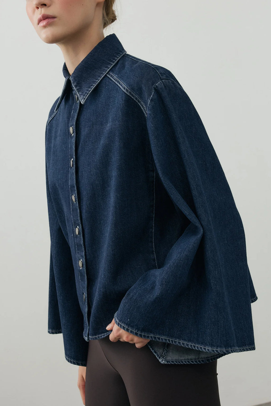 Wide-Sleeve Denim Shirt Dark Blue