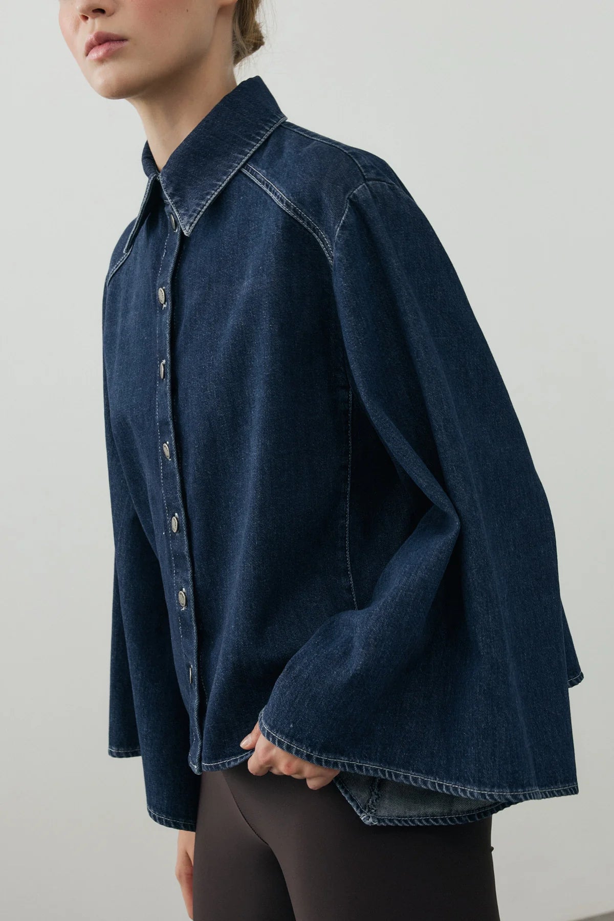Wide-Sleeve Denim Shirt Dark Blue