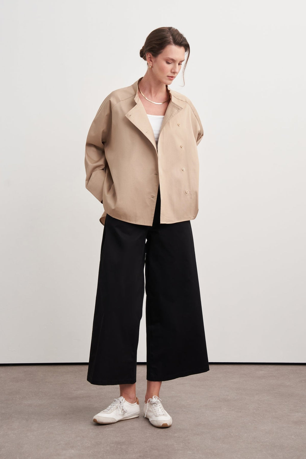 Gabardine Stand-Collar Trench Shirt Camel