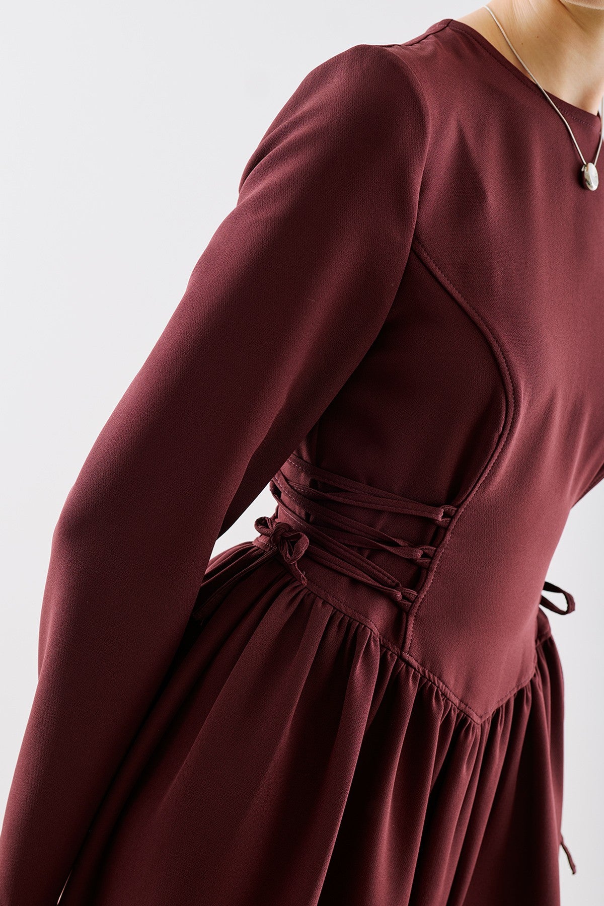 Waist-Fitted Tie-Detail Dress Burgundy