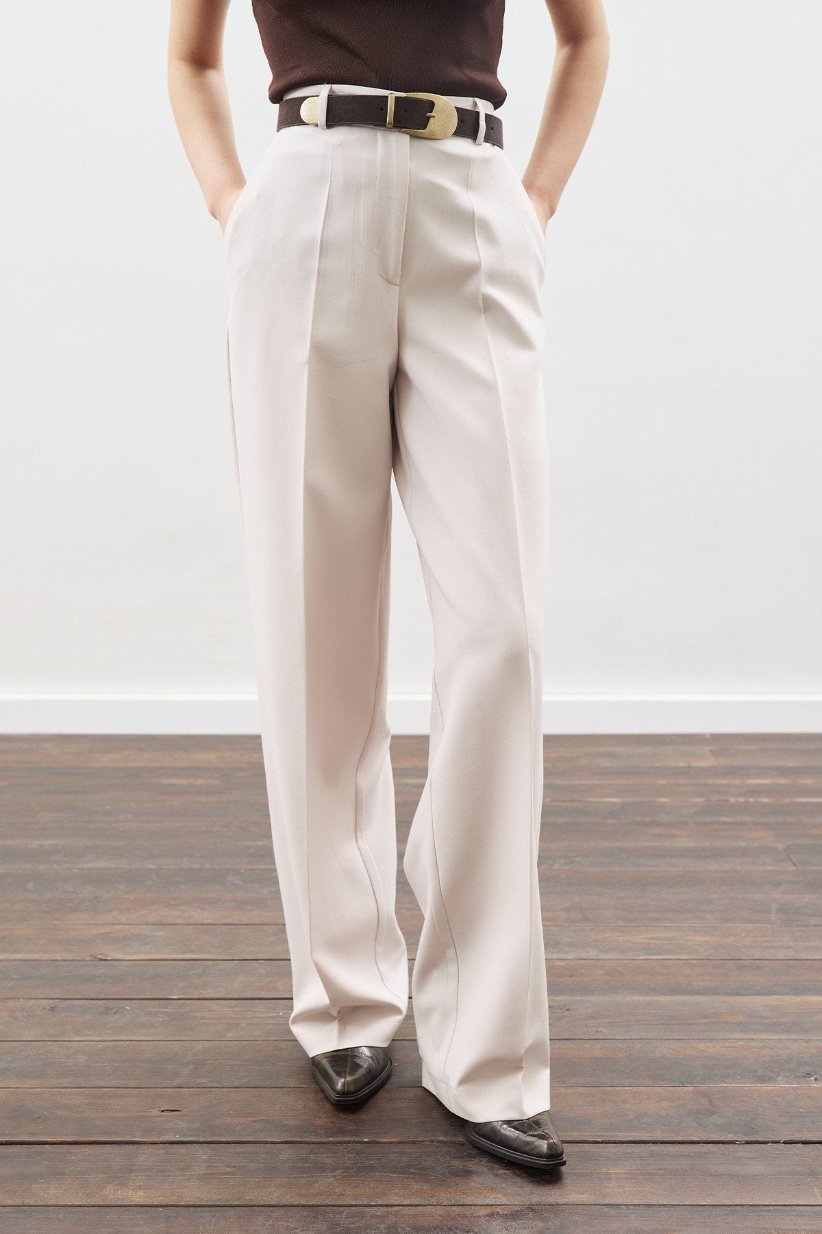 Long-Length Straight-Leg Pants Light Beige