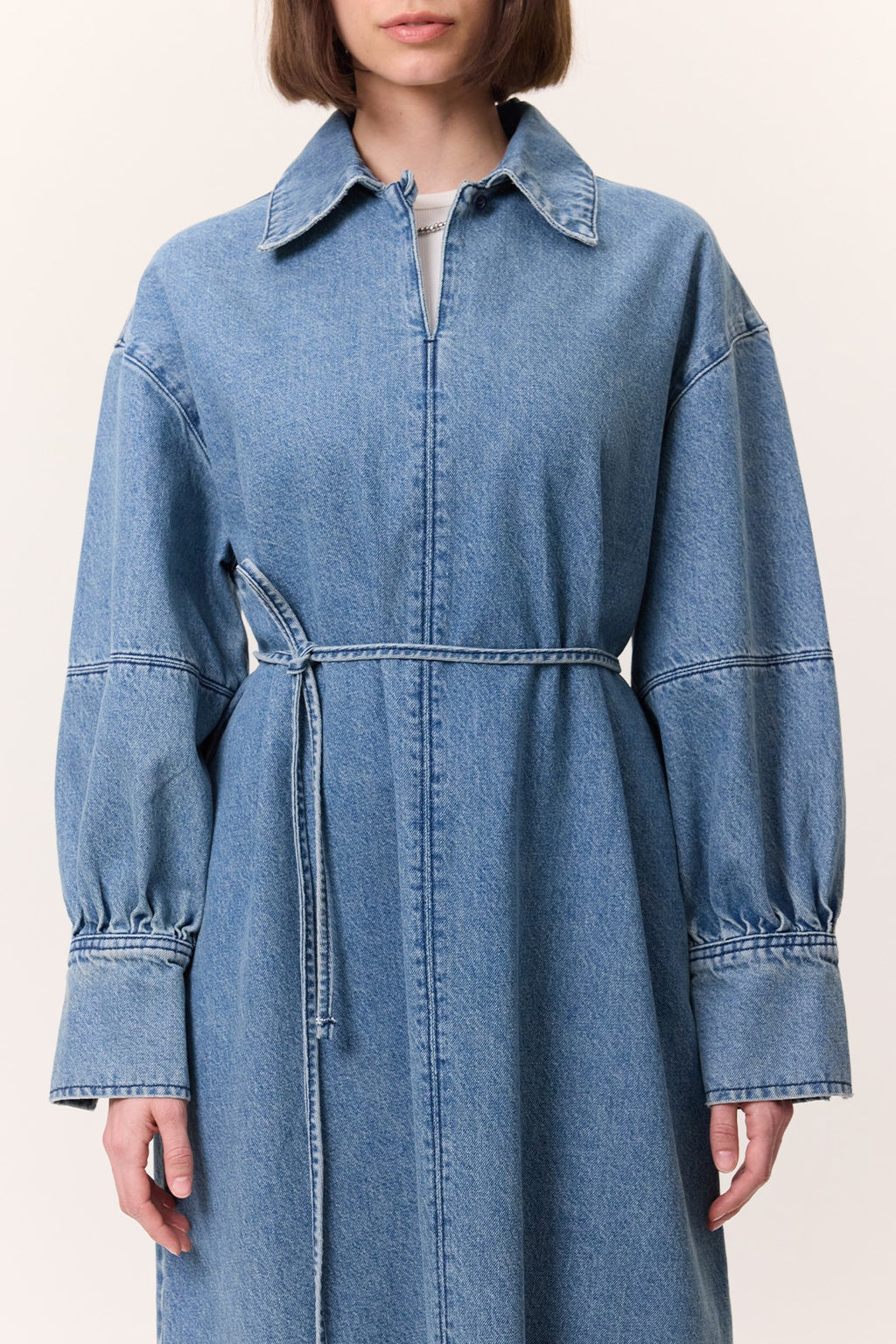 Cuff-Detail Denim Dress Light Blue