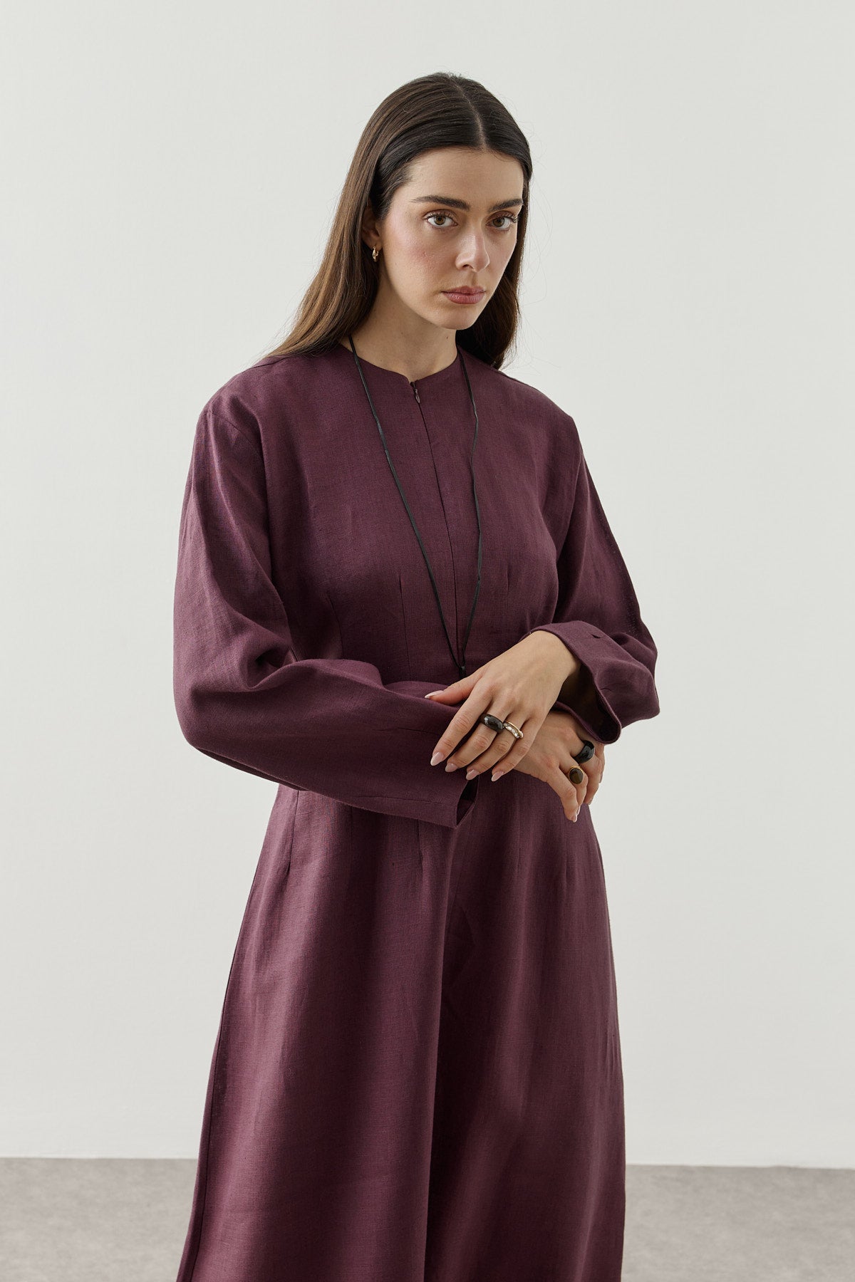 Linen Darted Zip-Up Dress Plum
