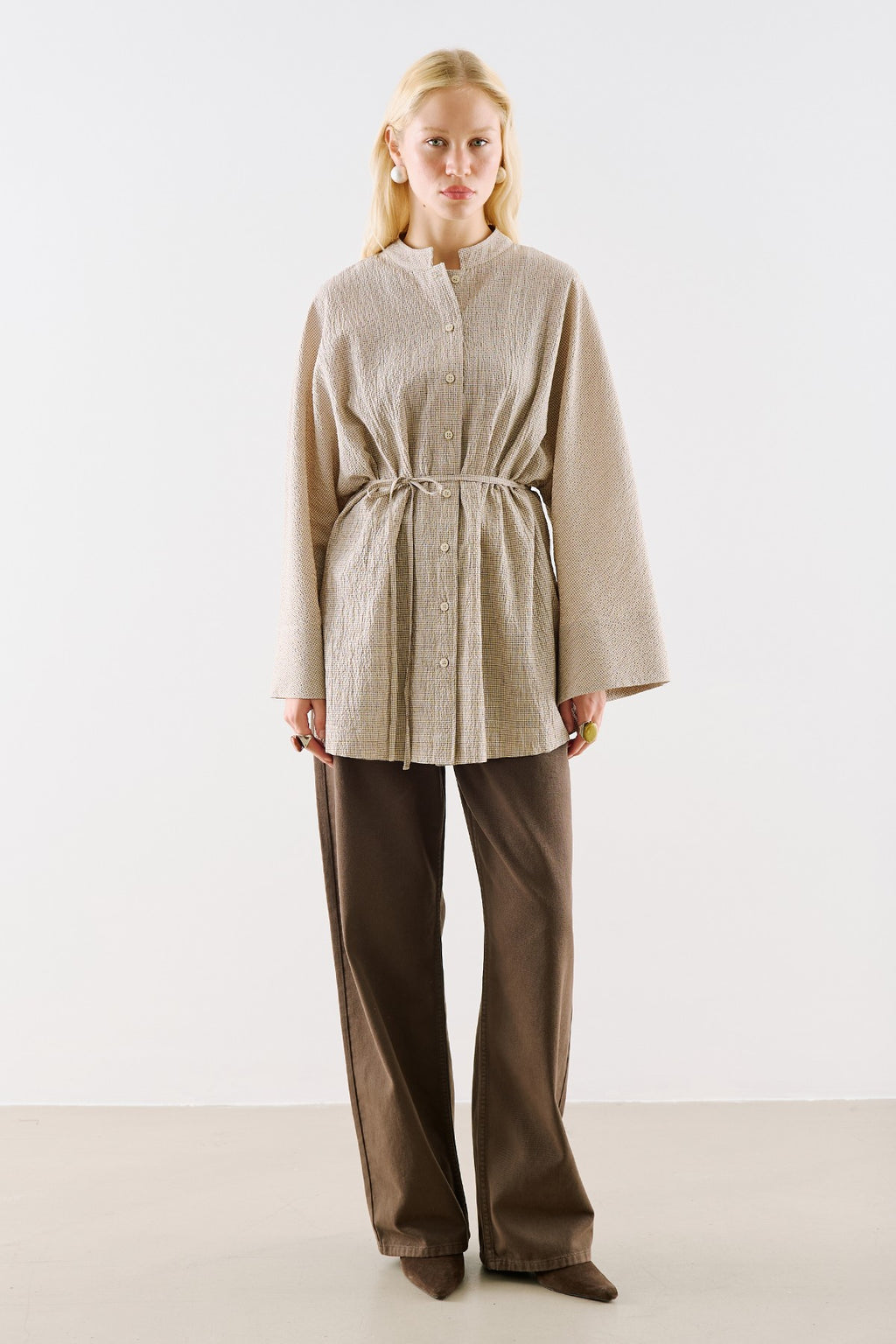 Wide-Sleeve Belted Tunic Beige