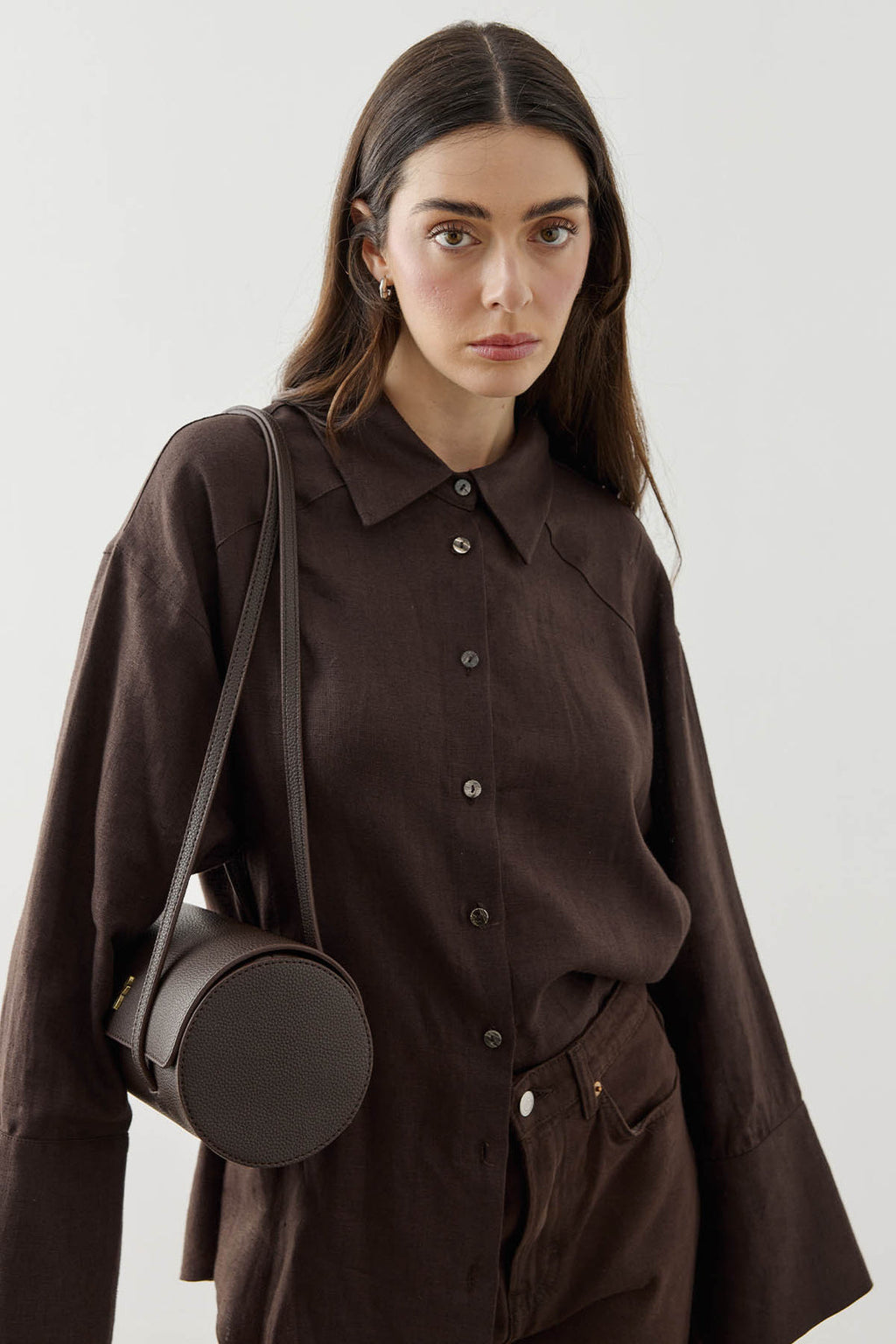 Sansy Cylinder Shoulder Bag Dark Brown