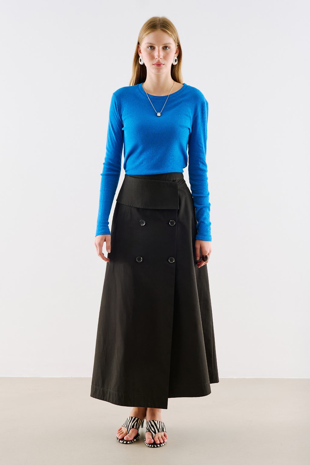 Wrap-Style Button-Detail Skirt Black