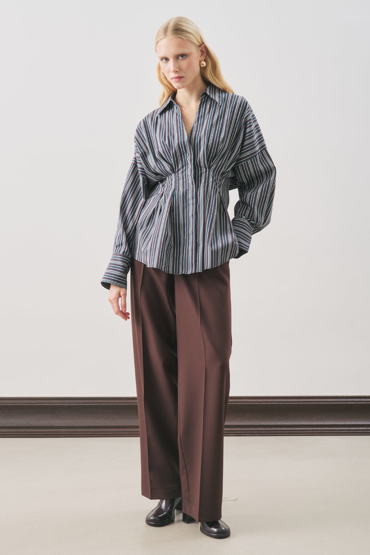 Pleated-Detail Shirt Brown Striped