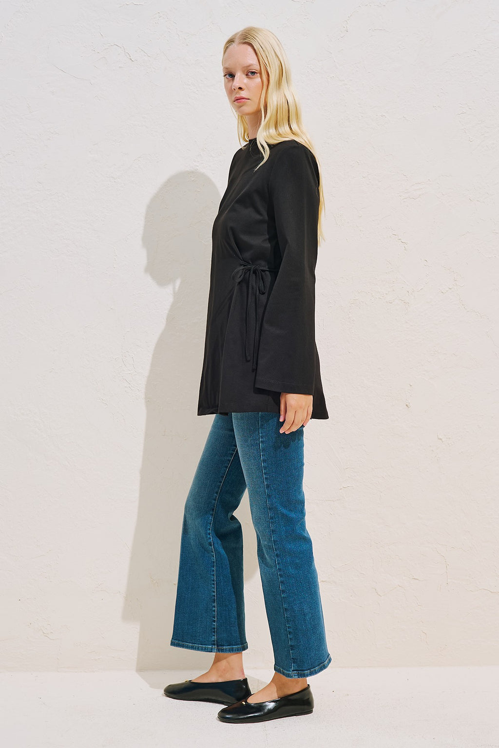 Waist Tie Long Sleeve T-shirt Black