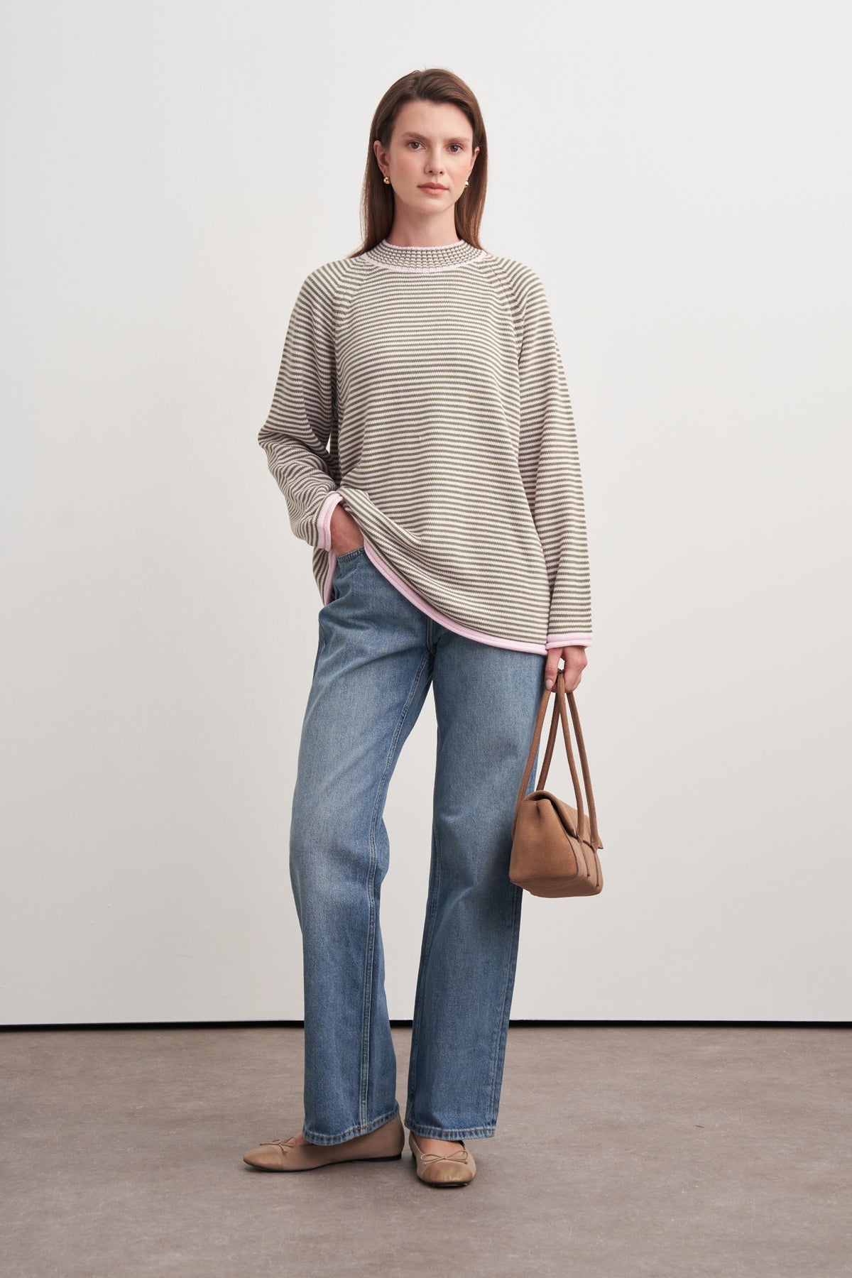 Fine-Striped Acrylic Knit Sweater Pink & Light Green