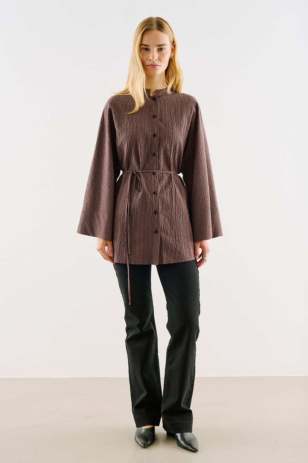 Wide-Sleeve Belted Tunic Brown