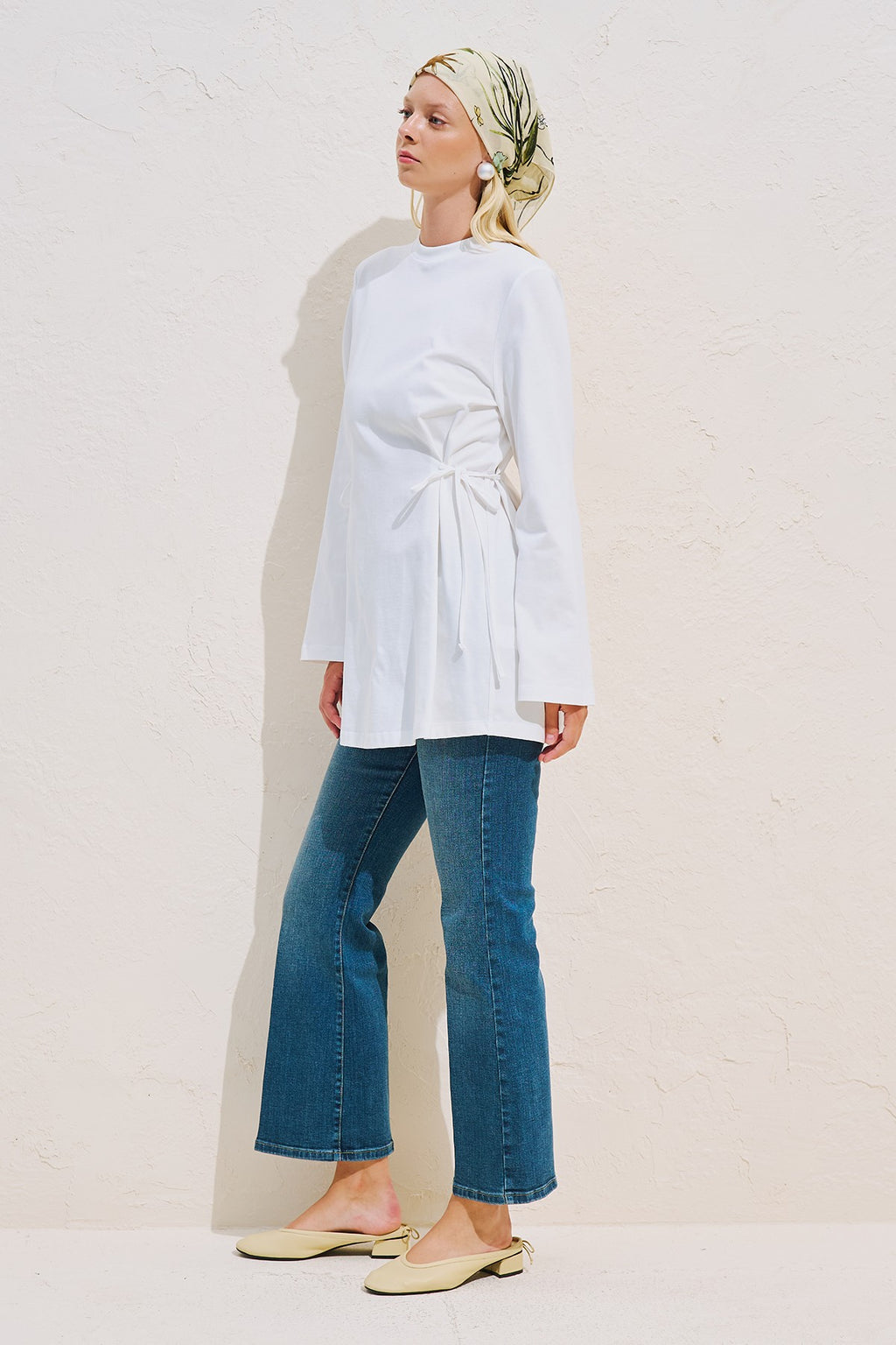 Waist Tie Long Sleeve T-shirt White