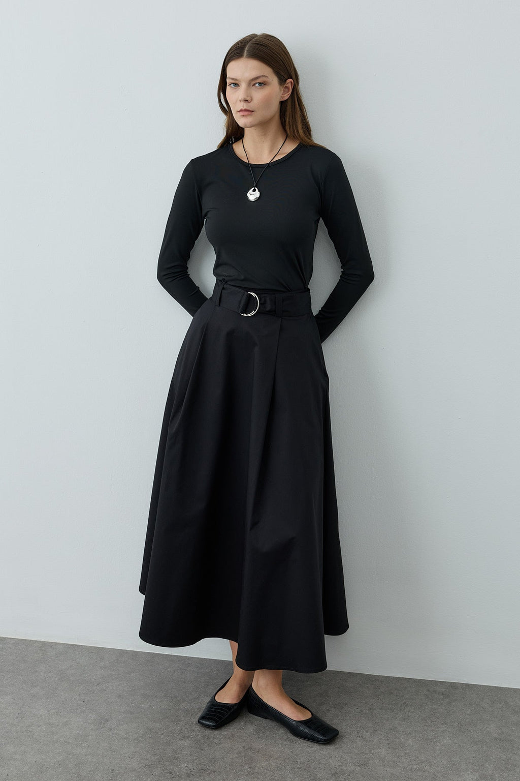 Belted Gabardine Skirt Black