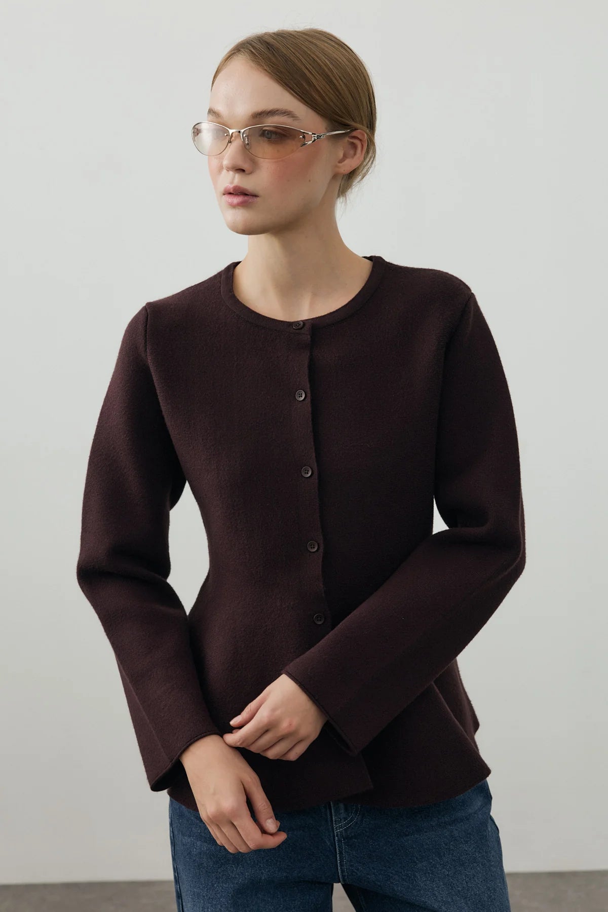 Wavy-Hem Knit Jacket Dark Brown