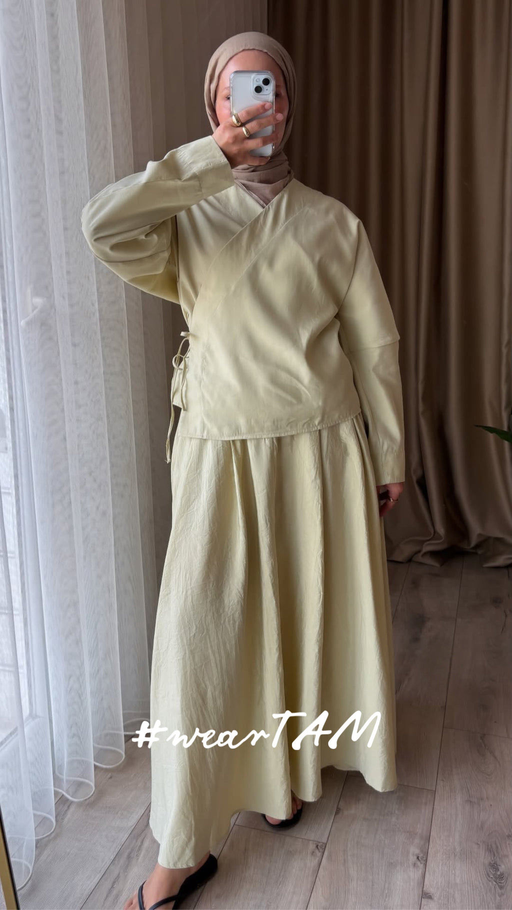 Tie-Detail Kimono & Skirt Set Light Green