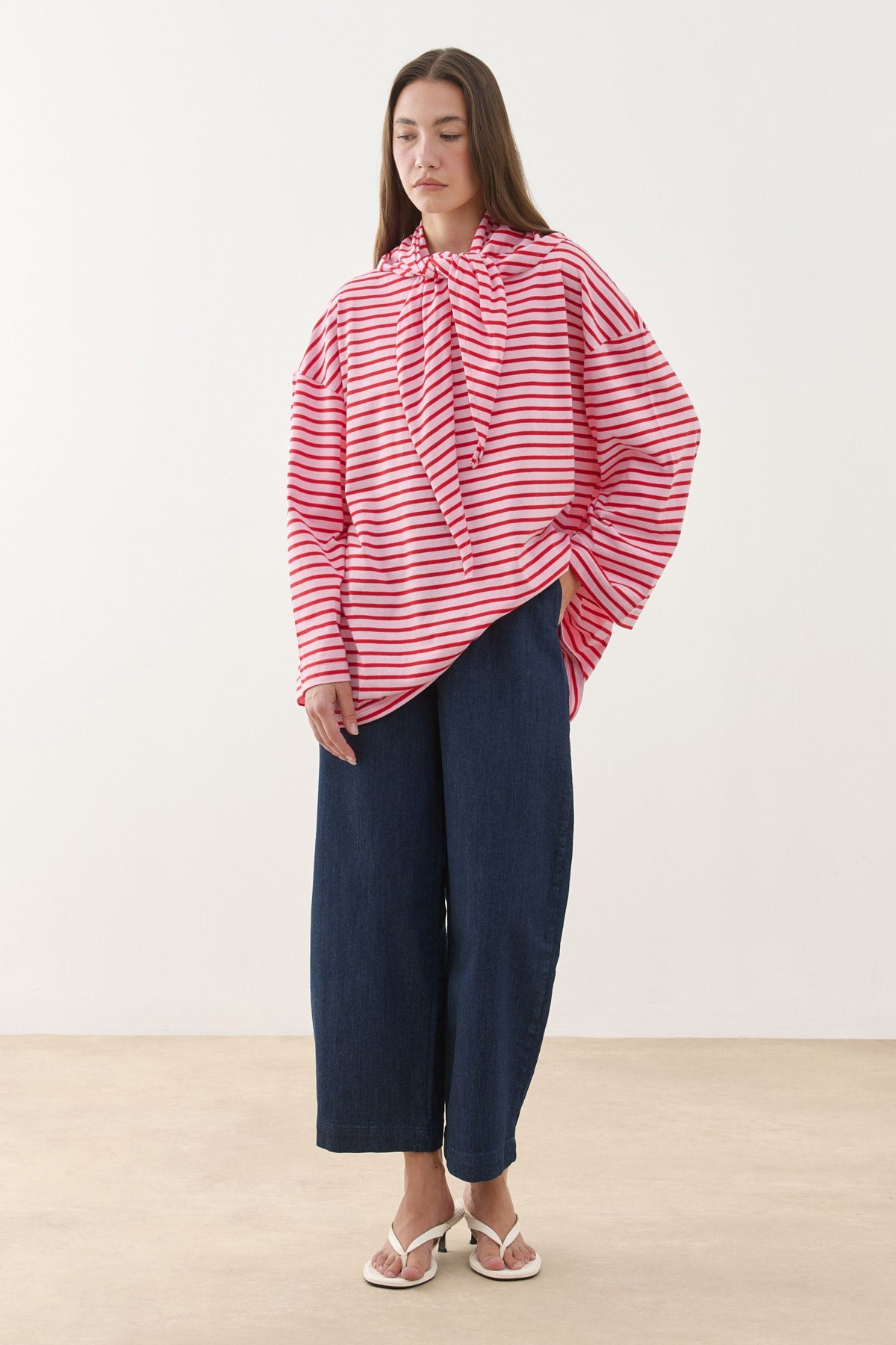 Scarf Detail Striped Long Sleeve Cotton T-Shirt Pink