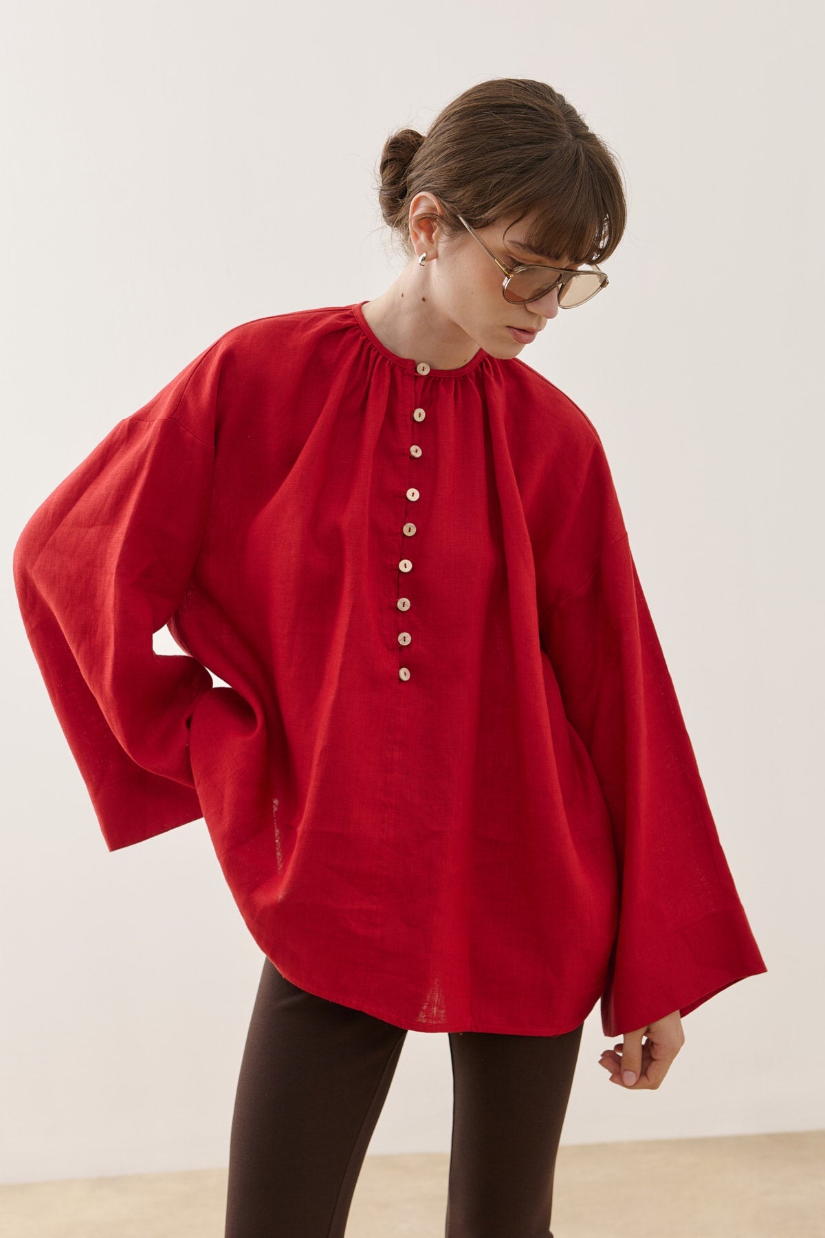 Crew Neck Linen Shirt Red