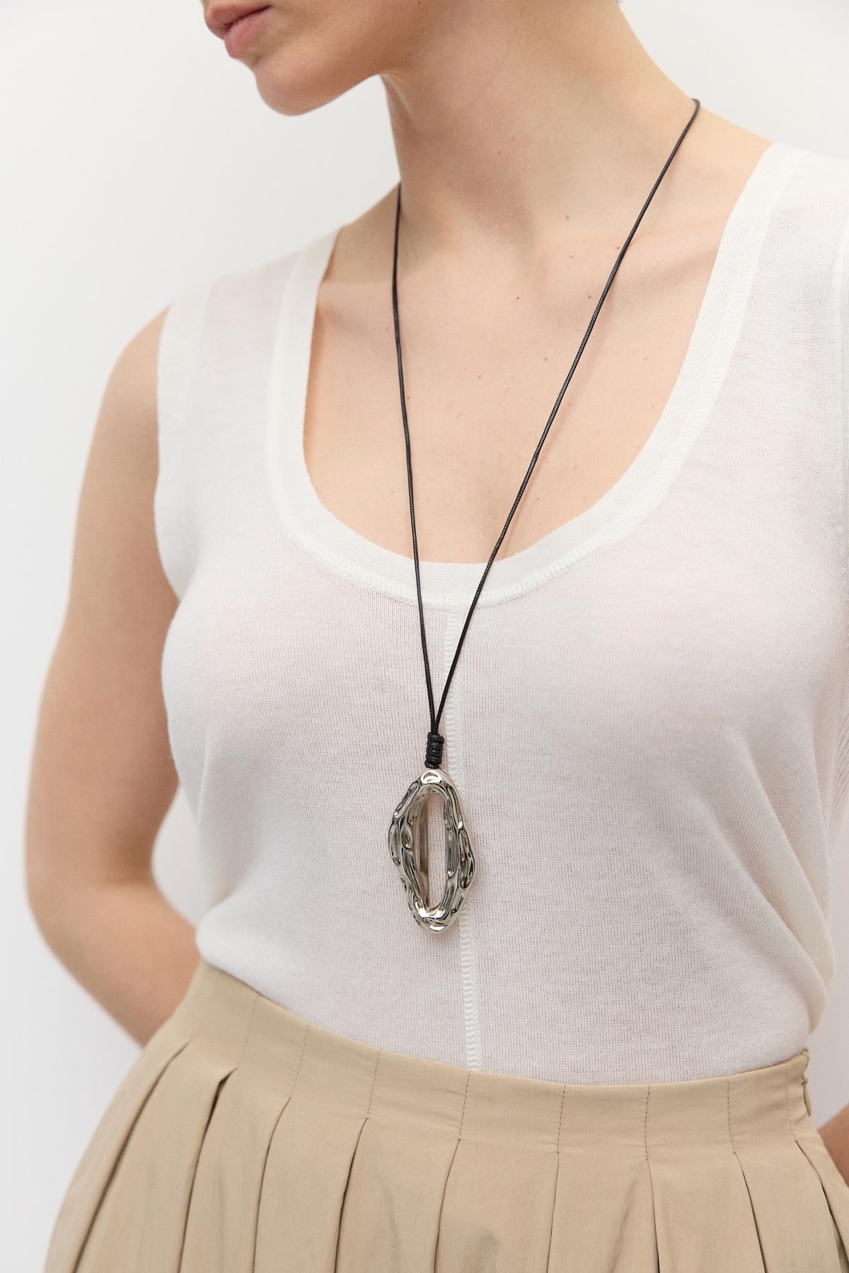Textured Metal Pendant Silver Necklace